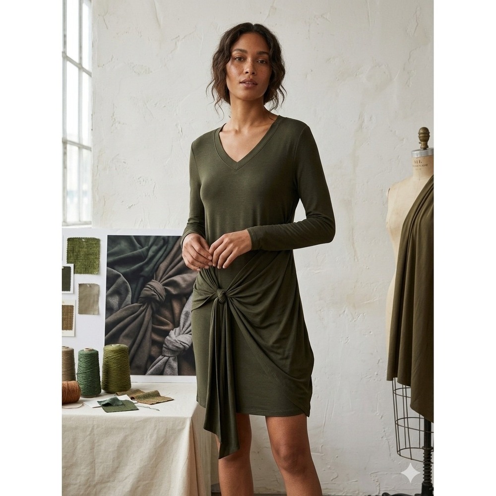 Unbranded Olive Green Long Sleeve V-Neck Ruched Side Knot Mini‎ Dress Womens M